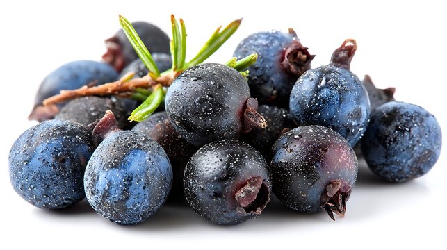 Heap of Juniper Berries with Branch, Droplets, and Bluish Tones on White Backdrop