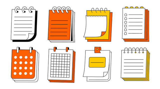 Organize your life with these vibrant and modern notepad and calendar icons, perfect for planners and productivity tools