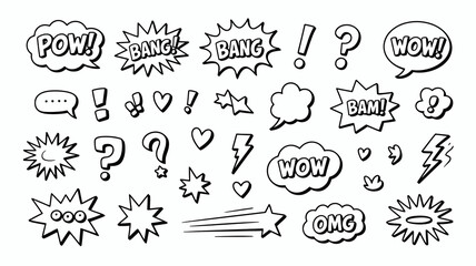 Dynamic comic book style speech bubbles explosions hearts lightning bolts and exclamations for energetic design projects