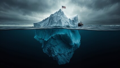 Massive Iceberg with American Flag and Container Ship Split View Above and Below Water Symbolizing Global Trade and Climate Change