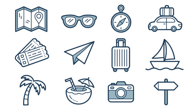 Embark on your next adventure with this collection of travel essentials, from maps and tickets to sunglasses and beachside drinks.