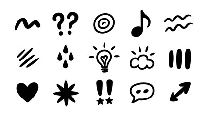 Charming hand-drawn icons representing ideas, emotions, and concepts for creative projects and presentations.