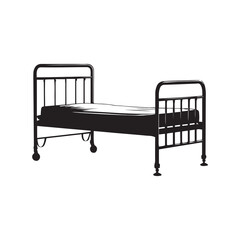 Silhouette of a Vintage Metal Bed with Wheels and Mattress