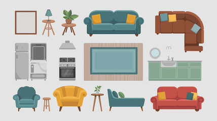 Cozy home furnishings collection featuring stylish sofas, armchairs, kitchen appliances, and decorative accents for modern living spaces.