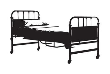 Silhouette of an Antique Iron Bed with Pillow and Bedding