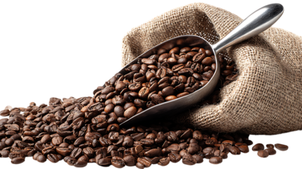 Roasted coffee beans spilling from burlap sack with scoop isolated on transparent background.