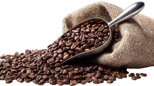 Roasted coffee beans spilling from burlap sack with scoop isolated on transparent background. - Powered by Adobe