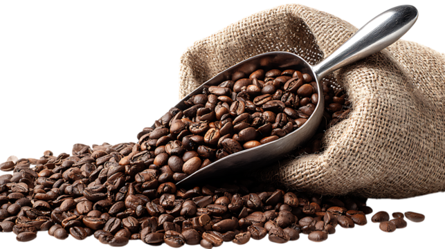 Roasted coffee beans spilling from burlap sack with scoop isolated on transparent background.
