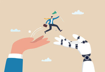 AI adoption or implementation to success, change or transformation using Artificial Intelligence innovation to help business achievement, businessman hold winning flag jump from human hand to AI hand.