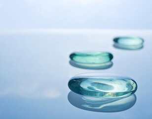 Abstract turquoise glass stepping stones aligned on water, minimal floating pathway in serene background