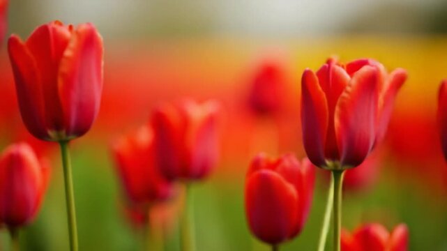 red tulips swaying in the wind, field of flowers, festive background