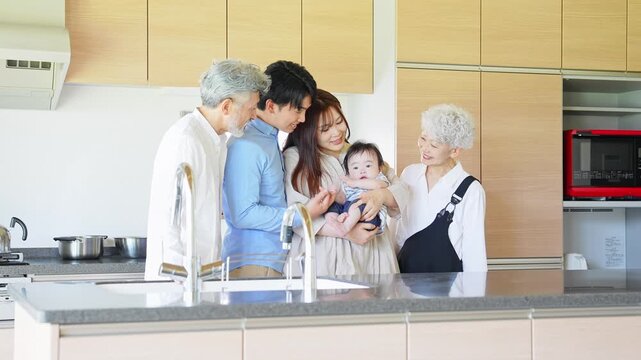 baby, family, child-raising, childcare, birth, three generation, three-generation family, senior, two-generation home, smiling, happy, new home, new life, living together, japanese, asian, relaxation,