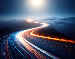 Obraz premium Abstract road of light trails in mist, glowing particles in orange tones, futuristic cinematic d