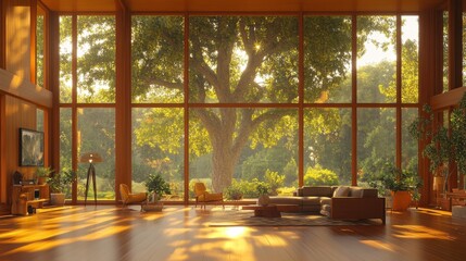 Naklejka premium Modern Living Room with Large Windows and Scenic Outdoor View