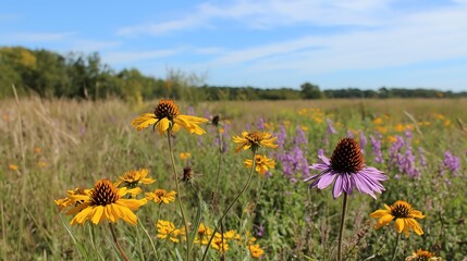Vibrant Wildflower Meadow Under Bright Blue Sky: Foreground Yellow Coneflowers (Radial Petals) + Right Purple Coneflower, Distant Grassy Field with Flowers, Horizon Tree Line
