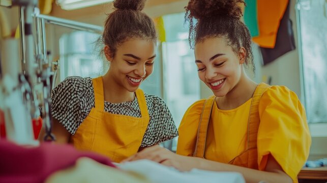 Two Young Women Smiling While Working on Sewing Projects Together