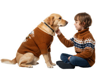 Heartwarming bond between a happy child and a golden Labrador dog, both dressed in festive, cozy winter sweaters PNG