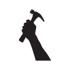 Silhouette of Hand Holding Hammer Tool Isolated on White Background