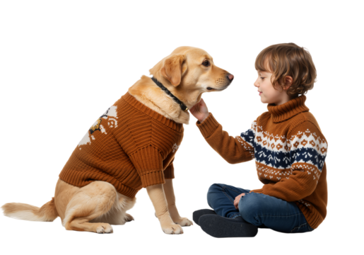 Heartwarming bond between a happy child and a golden Labrador dog, both dressed in festive, cozy winter sweaters PNG