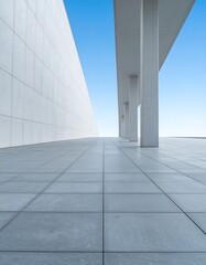 Fototapeta premium Modern Architecture Exterior, White Walls, and Gray Tiles, Empty Plaza.