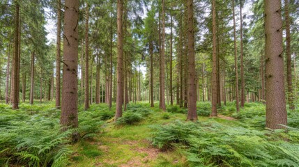 Naklejka premium Exploring a tranquil forest path serene nature scene lush green environment wide angle view peaceful retreat