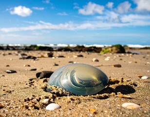 A translucent jellyfish rests on a sandy beach