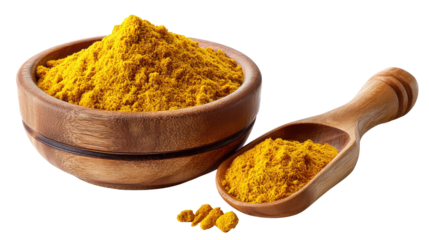 Turmeric Powder: This close-up image showcases the vibrant, golden allure of turmeric powder in a rustic wooden bowl, complemented by a wooden spoon.