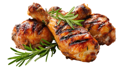 Grilled Chicken Drumsticks: A close-up shot captures the succulent appeal of grilled chicken drumsticks, expertly cooked to a perfect, golden-brown crispiness and garnished with fresh rosemary.