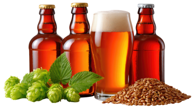 Golden Brew and Craft: An artfully arranged composition of craft beer essentials. The amber liquid in bottle and glass, complimented by fresh hops and grains.