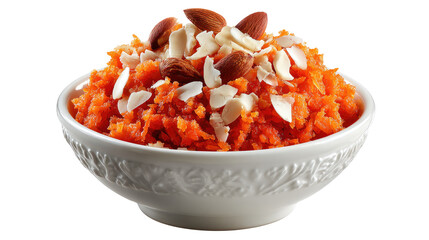 Gajar Halwa Delight: A vibrant, close-up of Gajar Halwa, a traditional Indian dessert, beautifully presented in a delicate bowl, garnished with almonds and almond flakes.