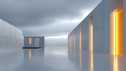 Modern white architecture, glowing doors, overcast sky