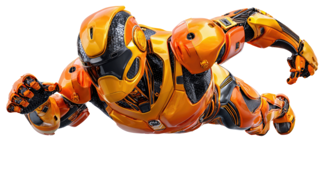 Future Armor: A futuristic armored figure, crafted with meticulous detail, soars dynamically through the air, embodying strength and innovation. This image sparks imagination and wonder.