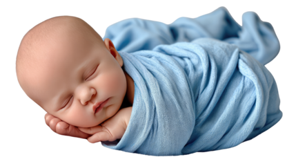 Serene Slumber: A newborn baby wrapped in a soft blue blanket peacefully sleeps. A tender scene capturing the innocence and tranquility of early life.
