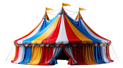 Circus tent: A vibrant and inviting circus tent, with a classic striped design in bright colors, stands ready for an exciting show, invoking feelings of nostalgia and anticipation.