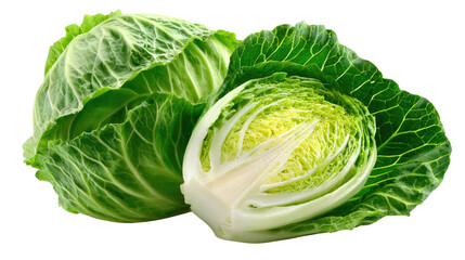 Fototapeta premium Cabbage Harvest: A vivid shot showcases two fresh cabbages, one whole and one sliced open, revealing the intricate, layered heart. Perfect for food-related projects.
