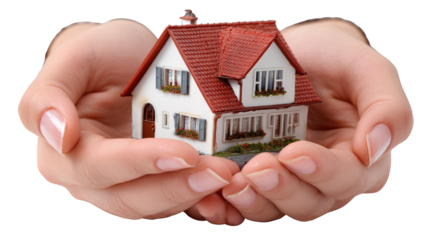 Secure Sanctuary: A miniature home cradled gently within two hands, symbolizing safety and protection, captured in a bright and optimistic aesthetic.