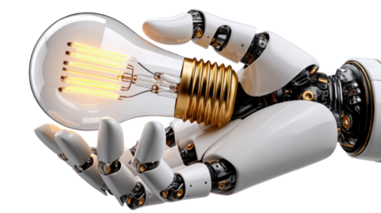 Robot's Brilliant Idea: A futuristic robot hand cradles a radiant light bulb, symbolizing innovative thought and technological advancement.