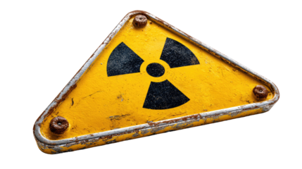 Hazard Symbol: A weathered, triangular radiation hazard symbol, a stark yellow warning sign against a neutral backdrop, illustrating the potential danger. 