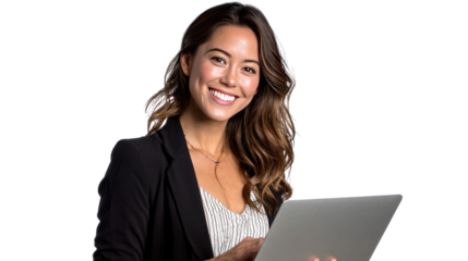 Confident Professional with Laptop: A smiling, stylish woman, smartly dressed and holding a laptop, exudes confidence and approachability. Ideal for business and tech concepts.
