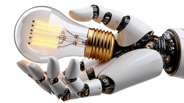 Robot's Brilliant Idea: A futuristic robot hand cradles a radiant light bulb, symbolizing innovative thought and technological advancement. - Powered by Adobe