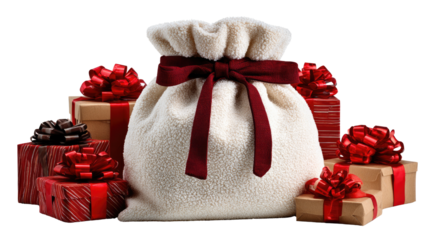 Festive Gift Gathering: An array of beautifully wrapped presents surrounds a plush sack tied with a crimson ribbon, symbolizing the warmth and giving of the holiday season.