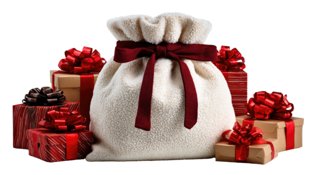 Festive Gift Gathering: An array of beautifully wrapped presents surrounds a plush sack tied with a crimson ribbon, symbolizing the warmth and giving of the holiday season.