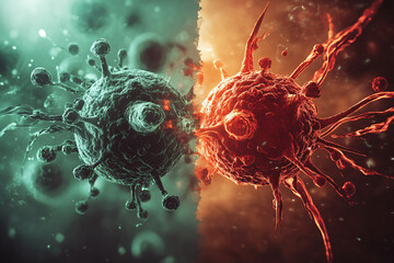 Medical Illustration of Cancer Cell Mutation. Cancer Cells Spreading in Human Body. Generated AI
