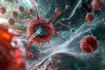 Medical Illustration of Cancer Cell Mutation. Cancer Cells Spreading in Human Body. Microscopic View of Tumor Cell Division. Generated AI
