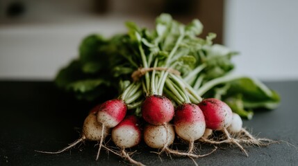 Fresh harvest of radishes local market food photography indoor setting close-up view healthy eating concept