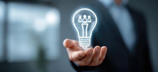 A hand holds a glowing lightbulb graphic, representing a collaborative idea