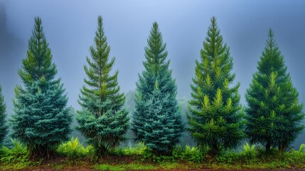 Obraz premium Serene evergreen forest mountain area nature photography misty environment lush greenery tranquility concept