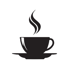 Silhouette of Steaming Coffee Cup on Saucer Against White Background