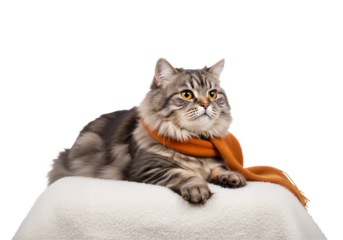 Charming fluffy cat with a warm orange scarf, exuding cozy winter comfort while relaxing on a soft, white blanket transparent background