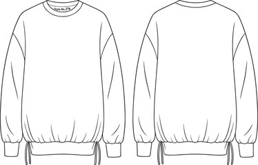 Oversized sweatshirt front back view, casual pullover fashion sketch, drawstring hem, ribbed cuff design, CAD flat vector illustration